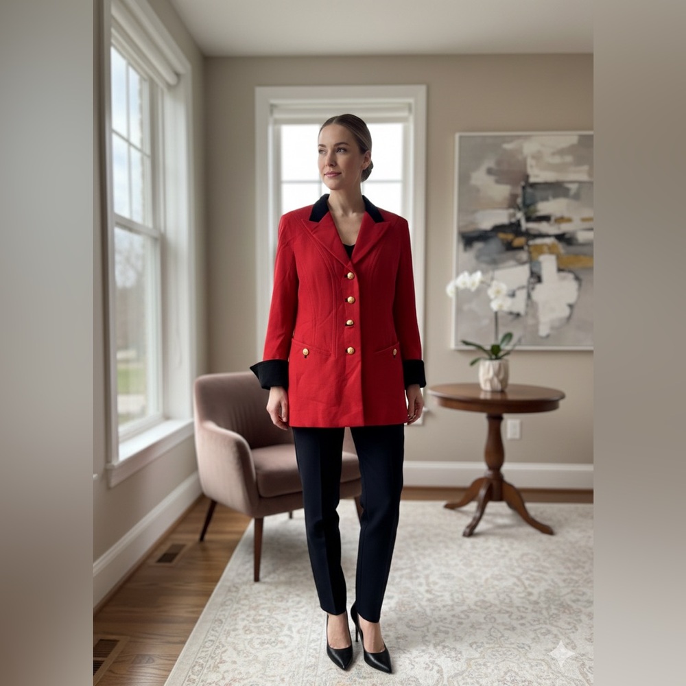 Escada Red Blazer with Black Trim and Gold Buttons